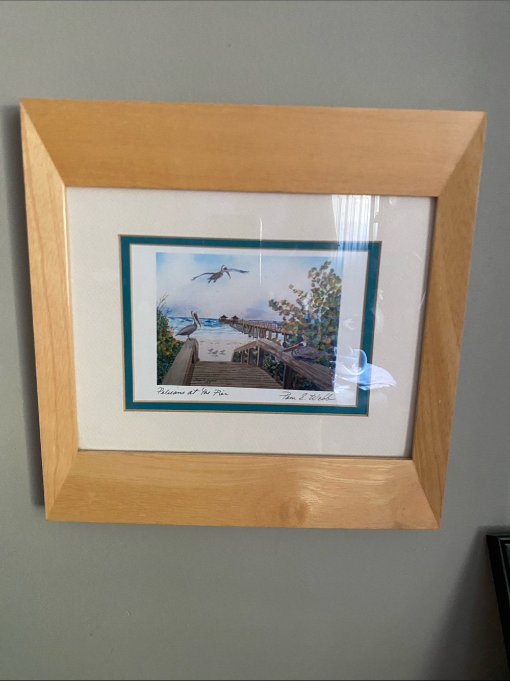 Pelicans at the pier, watercolor print by Pam E Webb